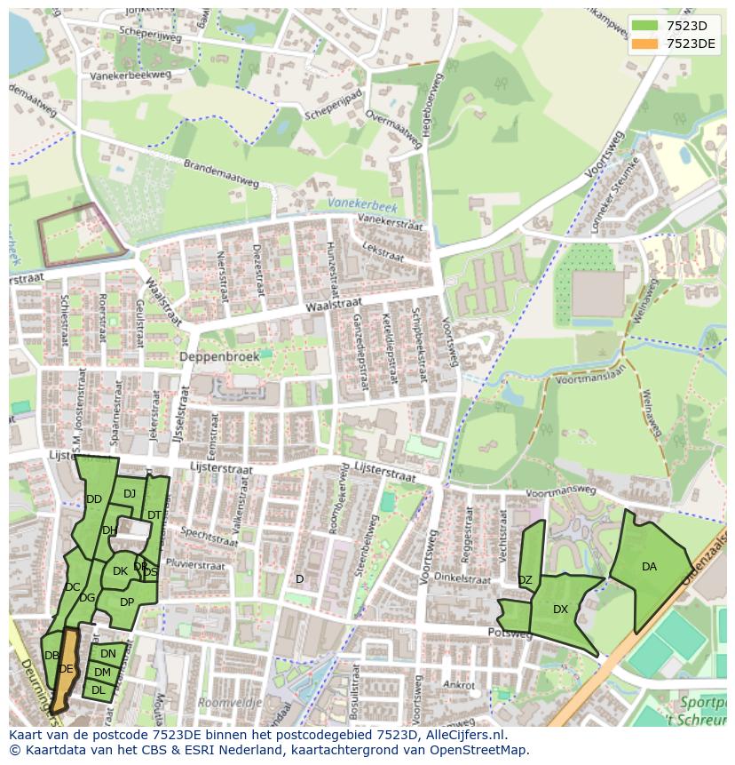 Afbeelding van het postcodegebied 7523 DE op de kaart.