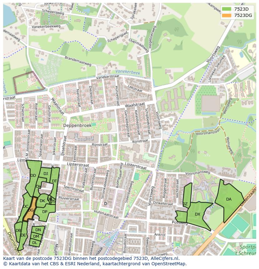 Afbeelding van het postcodegebied 7523 DG op de kaart.