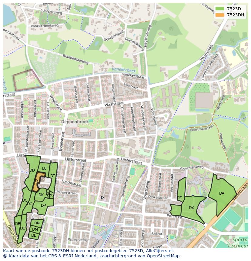 Afbeelding van het postcodegebied 7523 DH op de kaart.
