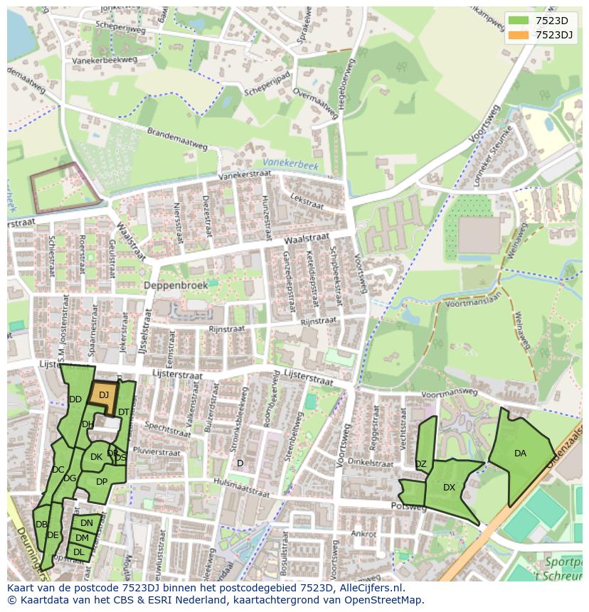 Afbeelding van het postcodegebied 7523 DJ op de kaart.