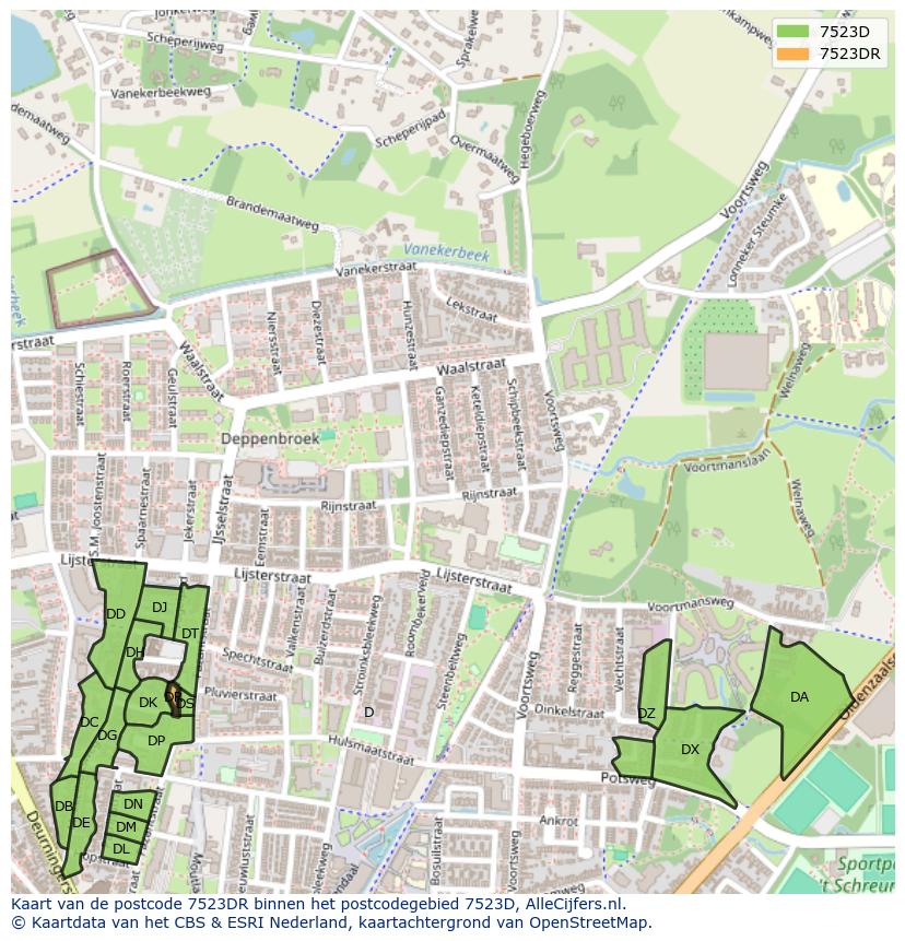 Afbeelding van het postcodegebied 7523 DR op de kaart.