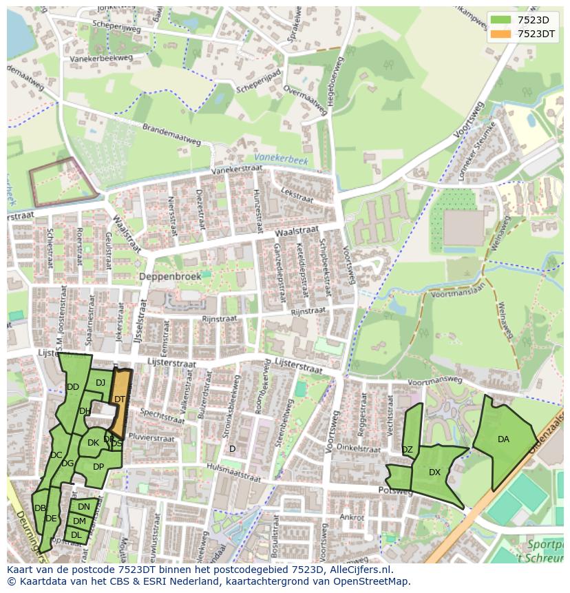 Afbeelding van het postcodegebied 7523 DT op de kaart.