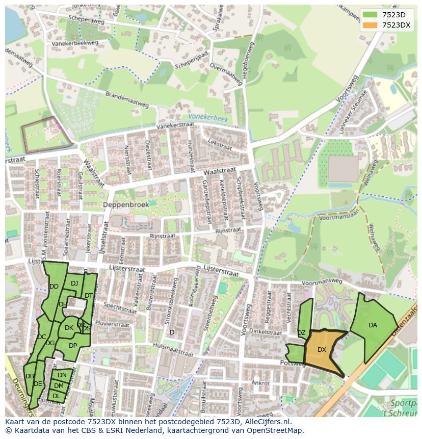 Afbeelding van het postcodegebied 7523 DX op de kaart.
