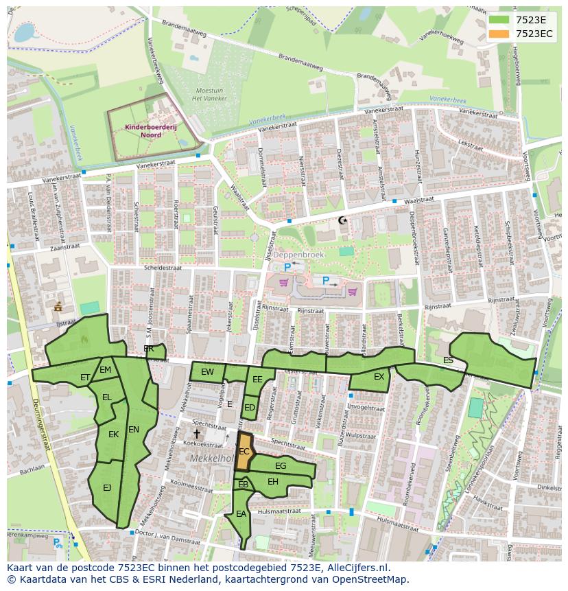 Afbeelding van het postcodegebied 7523 EC op de kaart.