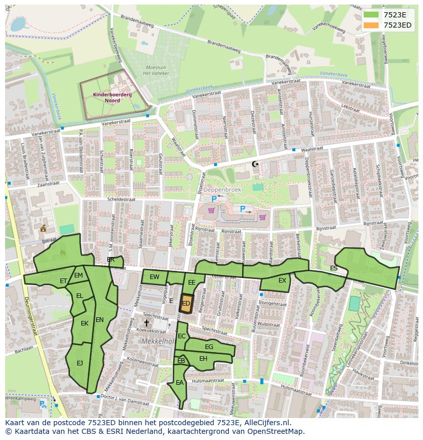 Afbeelding van het postcodegebied 7523 ED op de kaart.