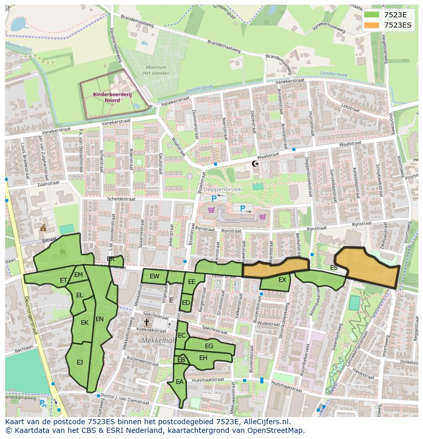 Afbeelding van het postcodegebied 7523 ES op de kaart.