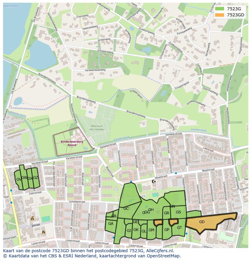 Afbeelding van het postcodegebied 7523 GD op de kaart.