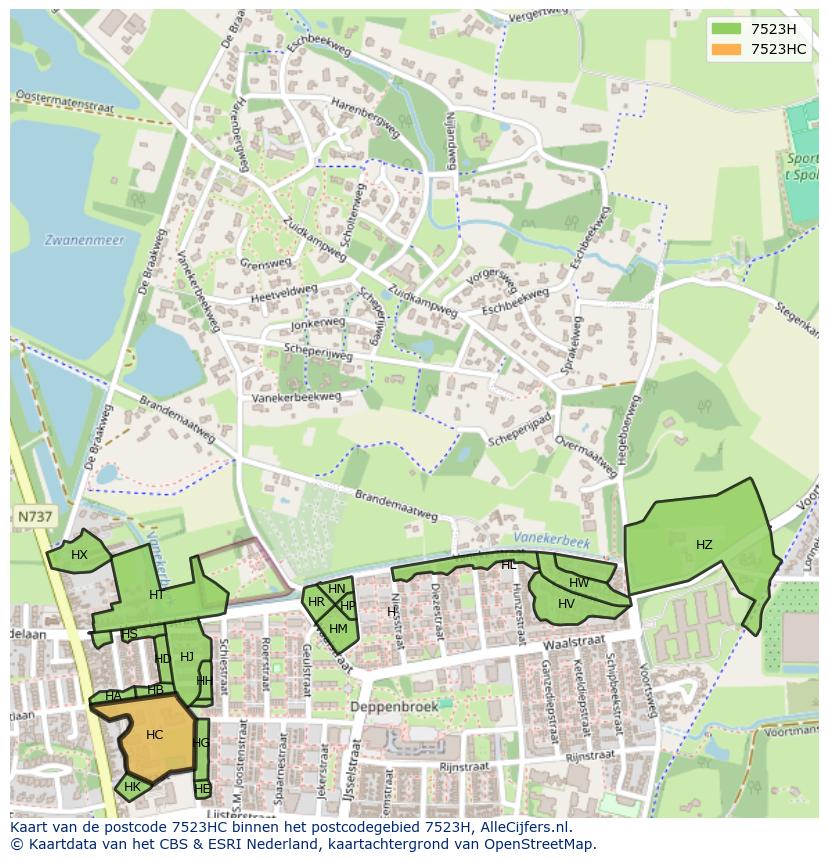 Afbeelding van het postcodegebied 7523 HC op de kaart.