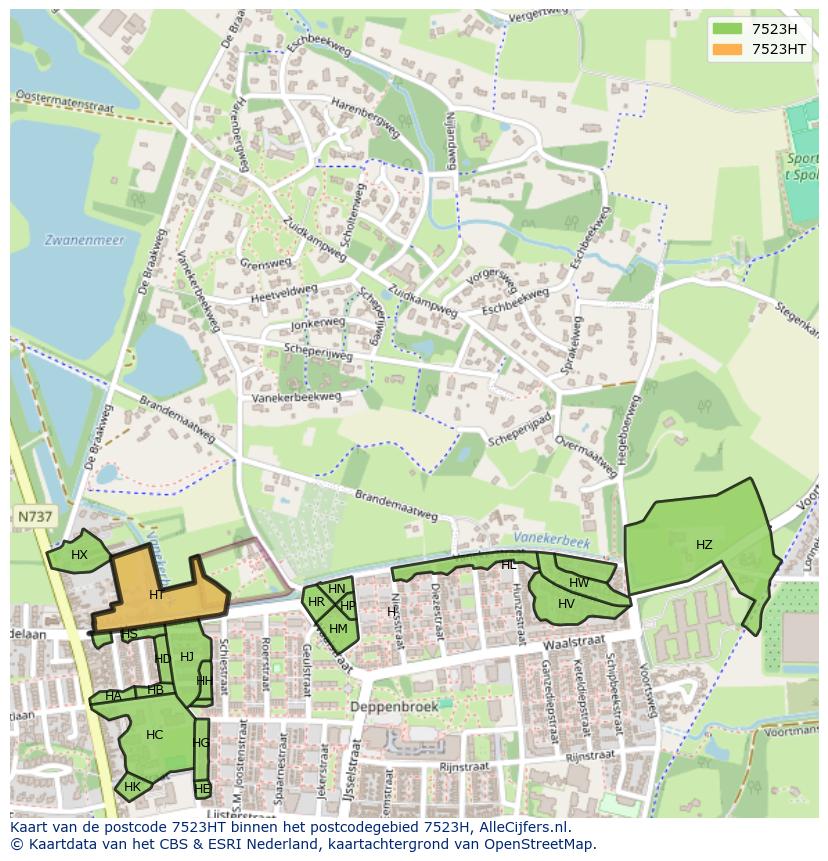 Afbeelding van het postcodegebied 7523 HT op de kaart.