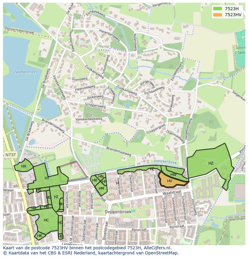 Afbeelding van het postcodegebied 7523 HV op de kaart.