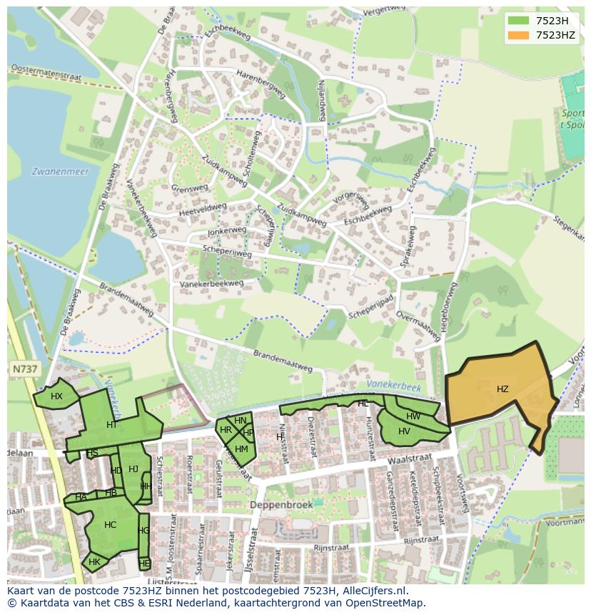 Afbeelding van het postcodegebied 7523 HZ op de kaart.