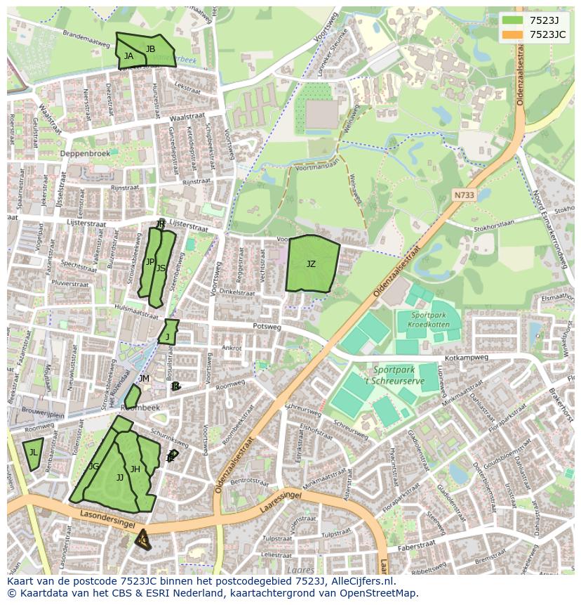 Afbeelding van het postcodegebied 7523 JC op de kaart.