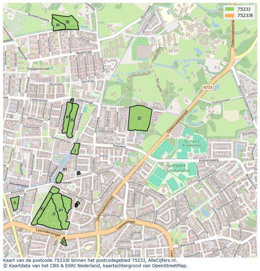 Afbeelding van het postcodegebied 7523 JE op de kaart.