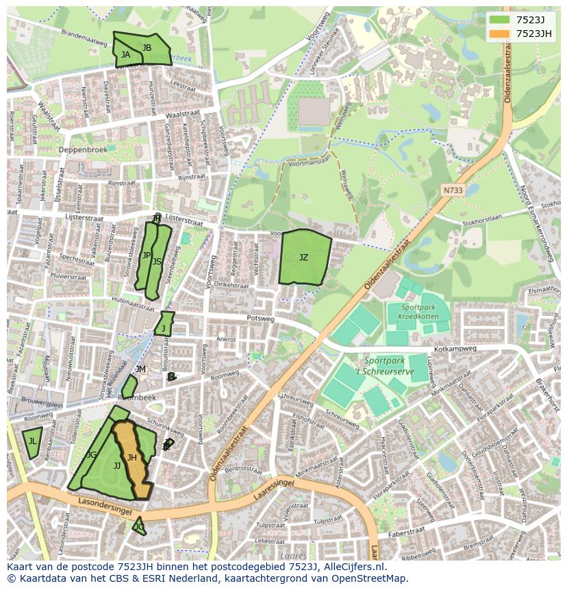 Afbeelding van het postcodegebied 7523 JH op de kaart.