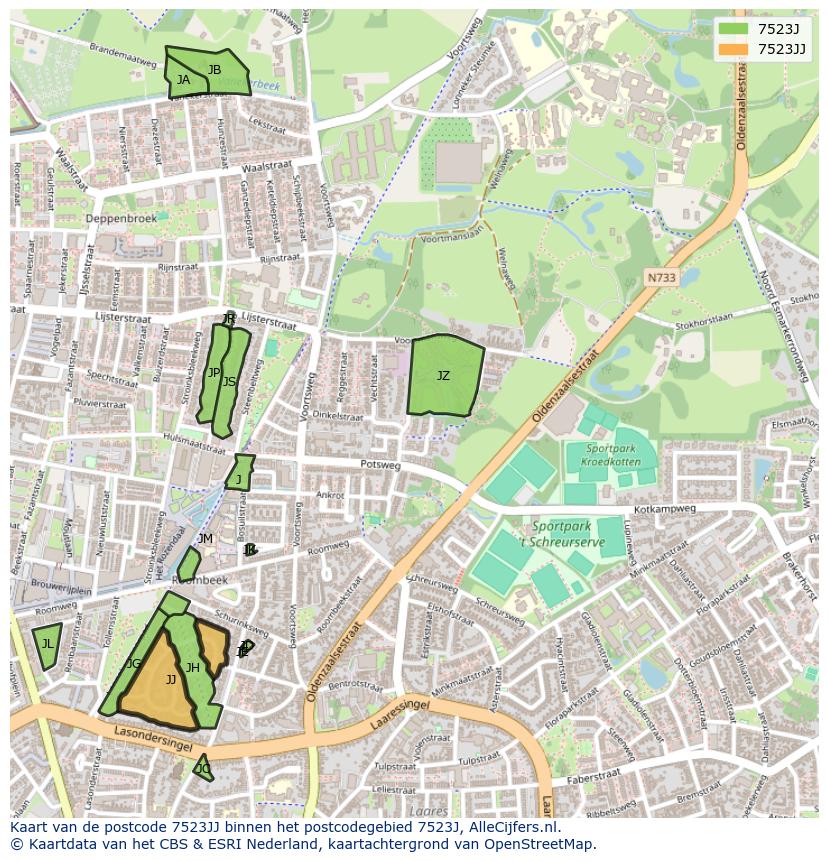 Afbeelding van het postcodegebied 7523 JJ op de kaart.