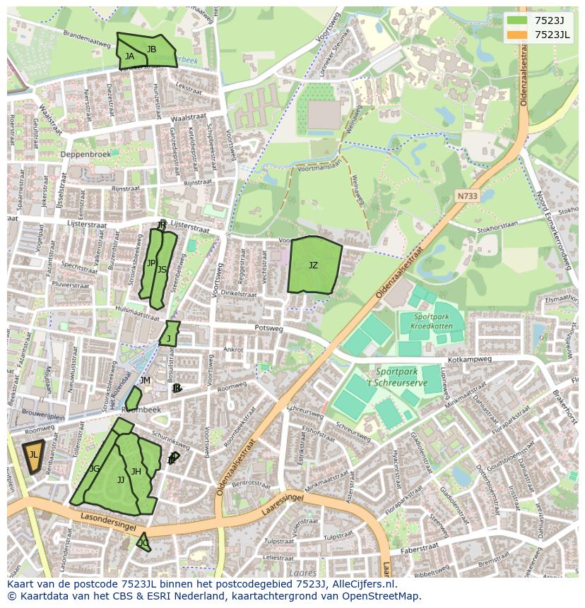 Afbeelding van het postcodegebied 7523 JL op de kaart.