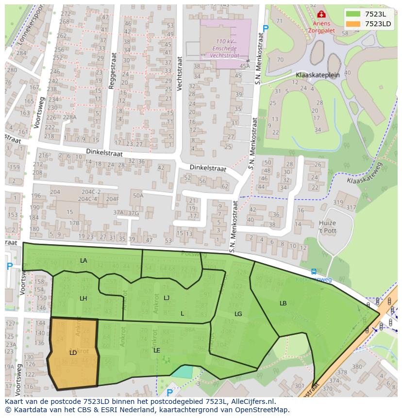 Afbeelding van het postcodegebied 7523 LD op de kaart.