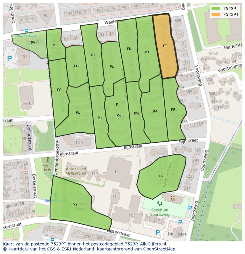 Afbeelding van het postcodegebied 7523 PT op de kaart.