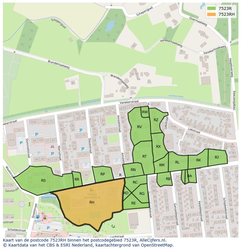 Afbeelding van het postcodegebied 7523 RH op de kaart.