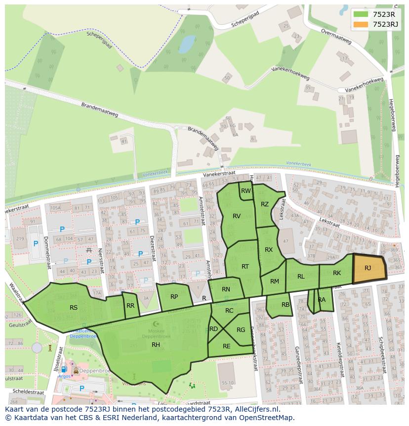 Afbeelding van het postcodegebied 7523 RJ op de kaart.
