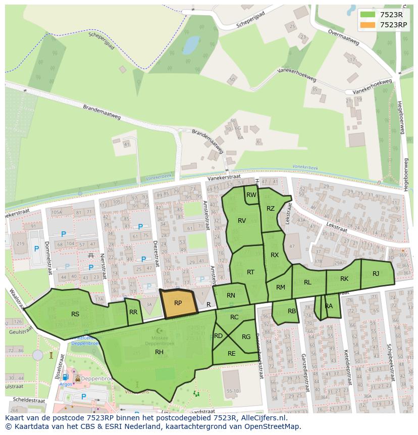 Afbeelding van het postcodegebied 7523 RP op de kaart.