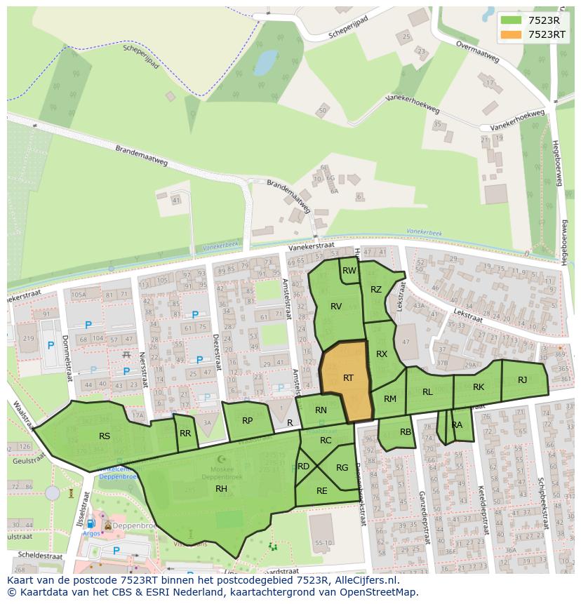 Afbeelding van het postcodegebied 7523 RT op de kaart.