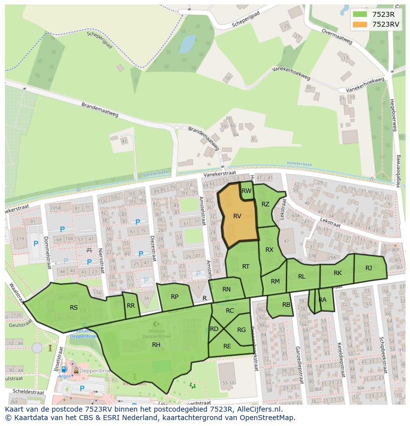 Afbeelding van het postcodegebied 7523 RV op de kaart.