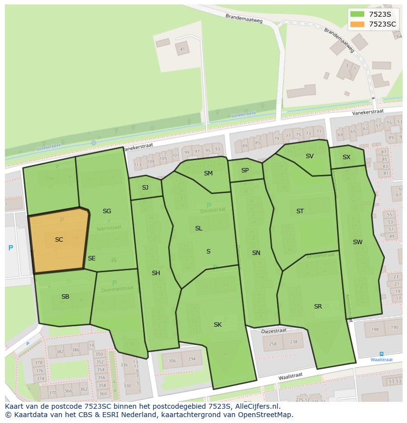 Afbeelding van het postcodegebied 7523 SC op de kaart.