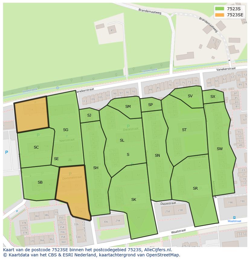 Afbeelding van het postcodegebied 7523 SE op de kaart.