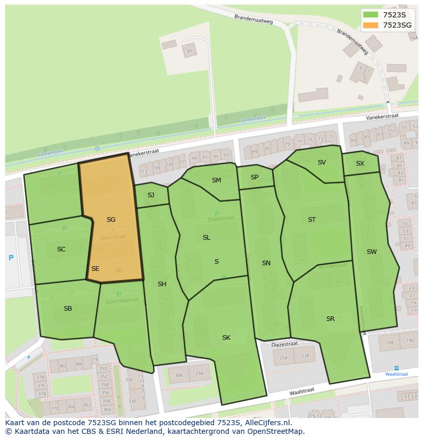 Afbeelding van het postcodegebied 7523 SG op de kaart.