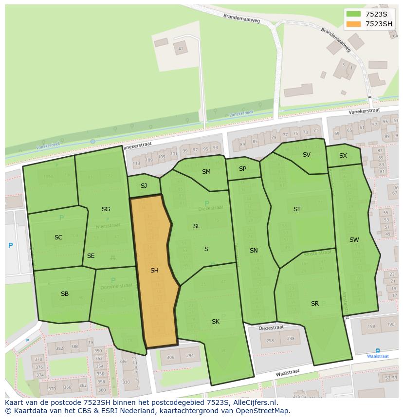 Afbeelding van het postcodegebied 7523 SH op de kaart.