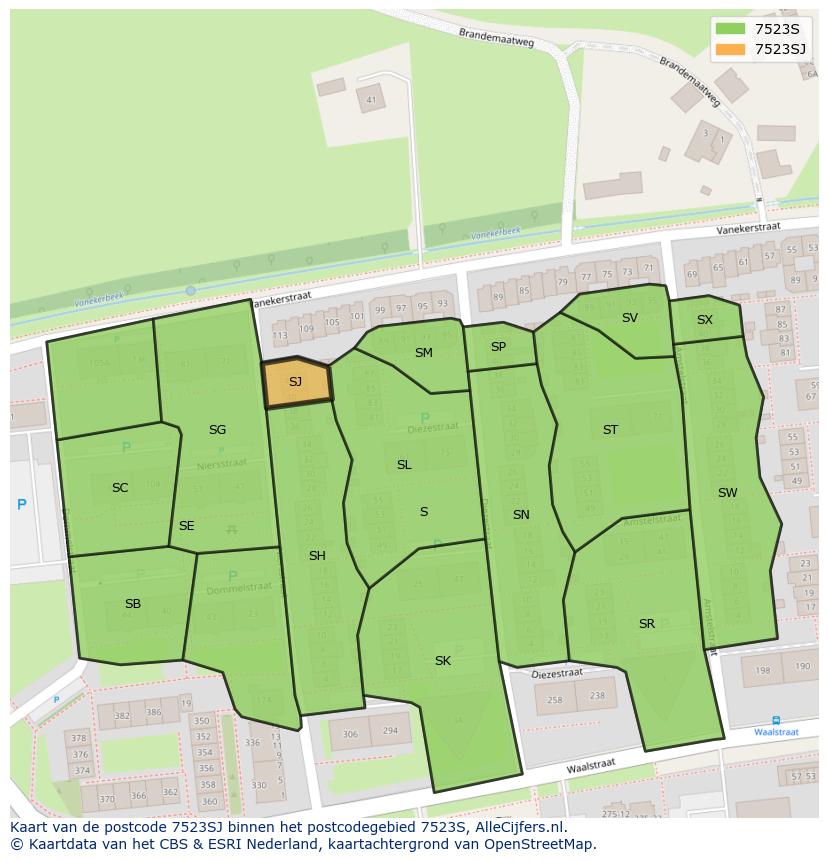 Afbeelding van het postcodegebied 7523 SJ op de kaart.
