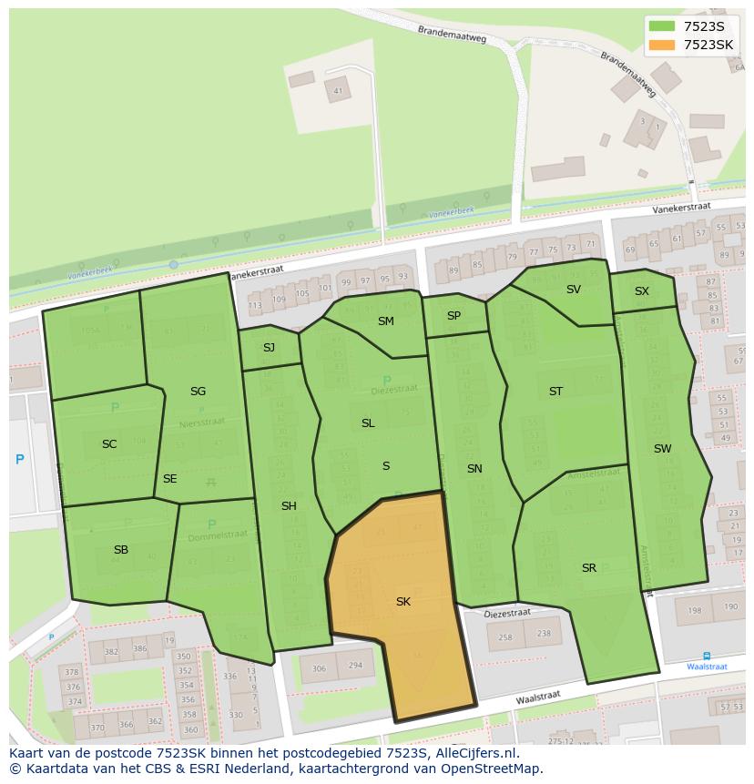 Afbeelding van het postcodegebied 7523 SK op de kaart.