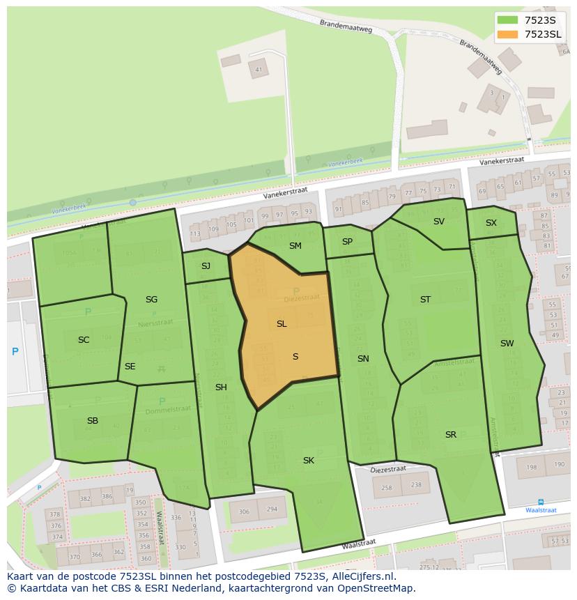 Afbeelding van het postcodegebied 7523 SL op de kaart.