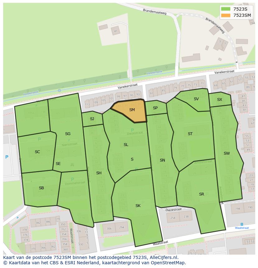 Afbeelding van het postcodegebied 7523 SM op de kaart.
