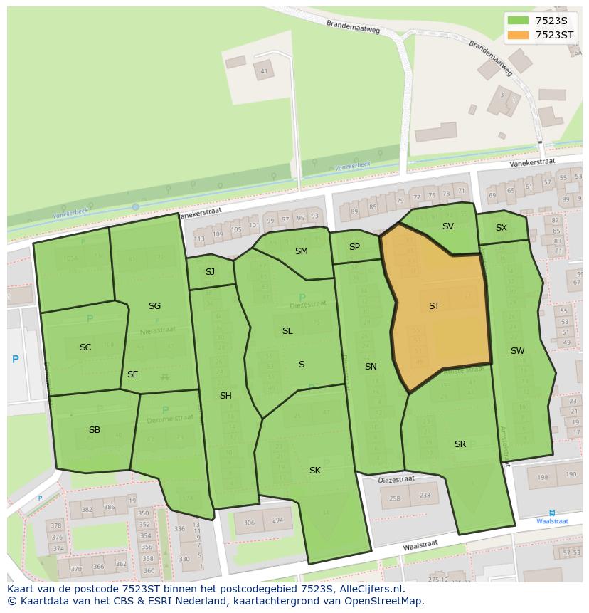 Afbeelding van het postcodegebied 7523 ST op de kaart.