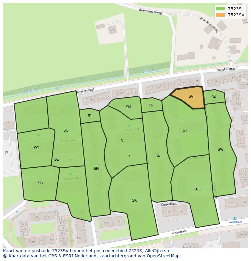 Afbeelding van het postcodegebied 7523 SV op de kaart.