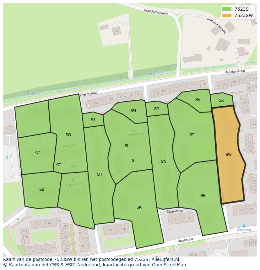 Afbeelding van het postcodegebied 7523 SW op de kaart.