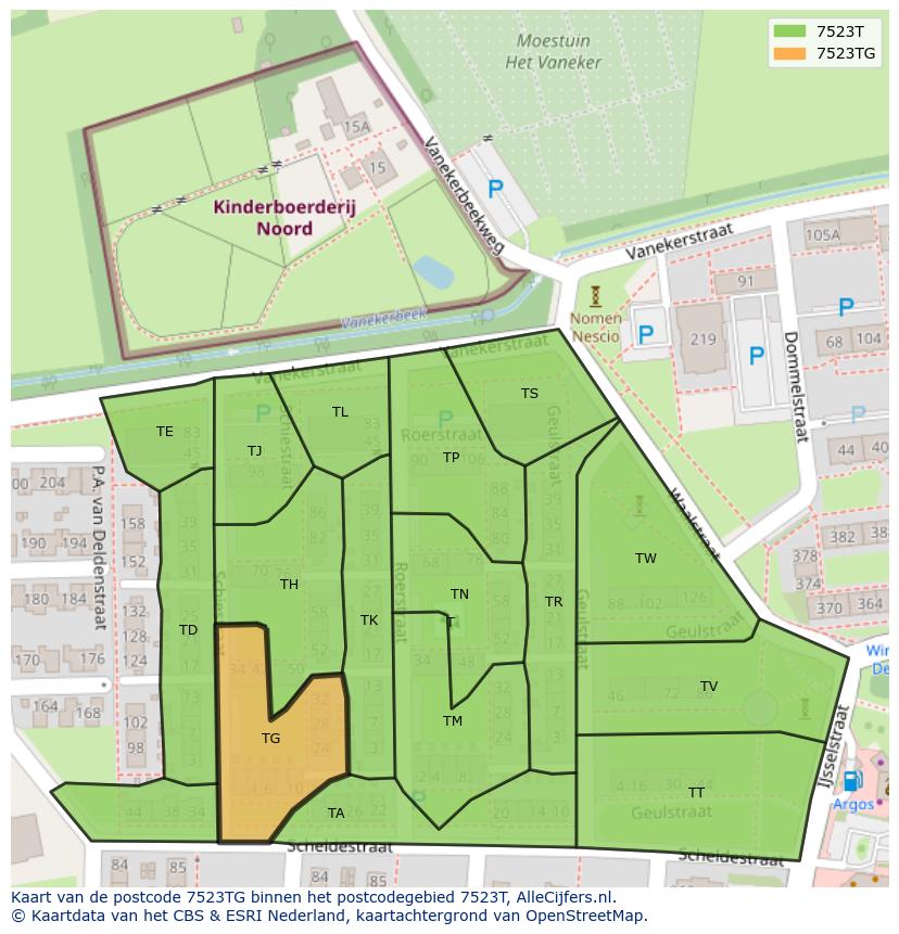Afbeelding van het postcodegebied 7523 TG op de kaart.
