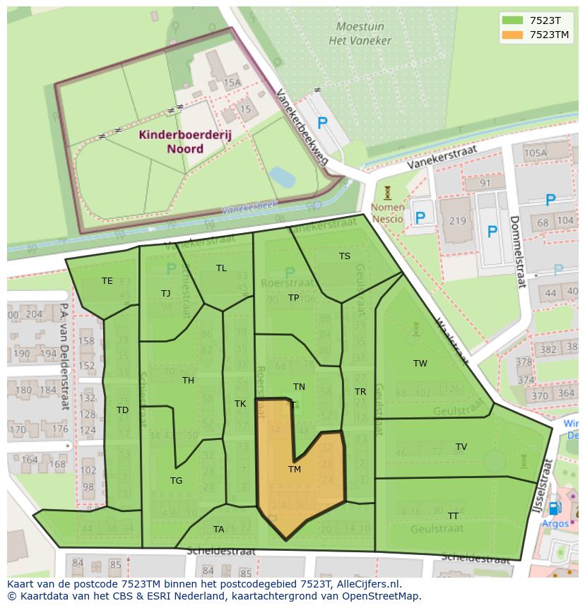 Afbeelding van het postcodegebied 7523 TM op de kaart.