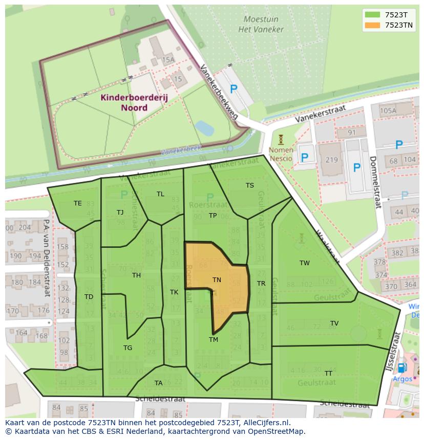 Afbeelding van het postcodegebied 7523 TN op de kaart.