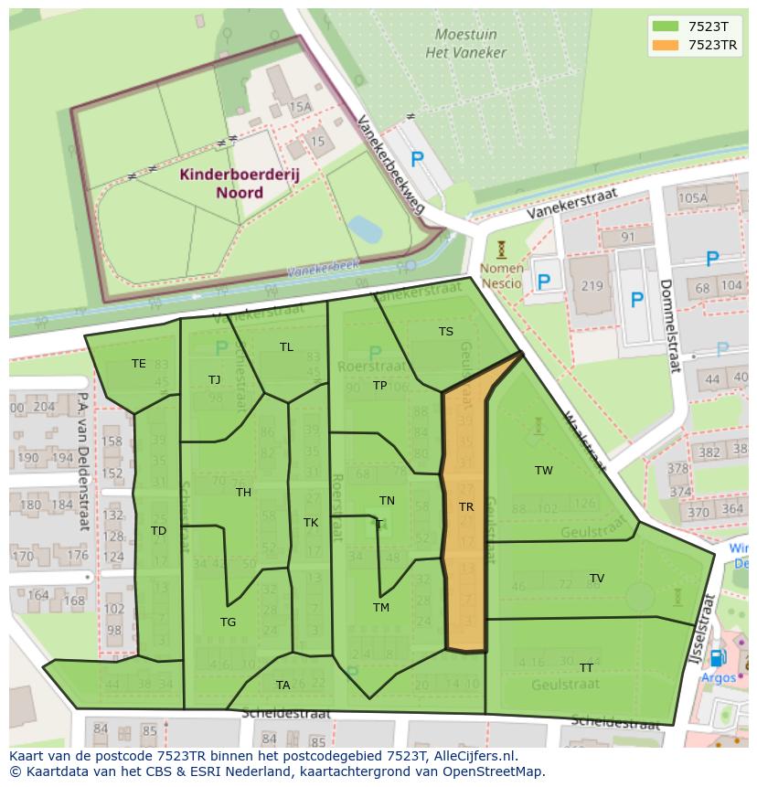 Afbeelding van het postcodegebied 7523 TR op de kaart.