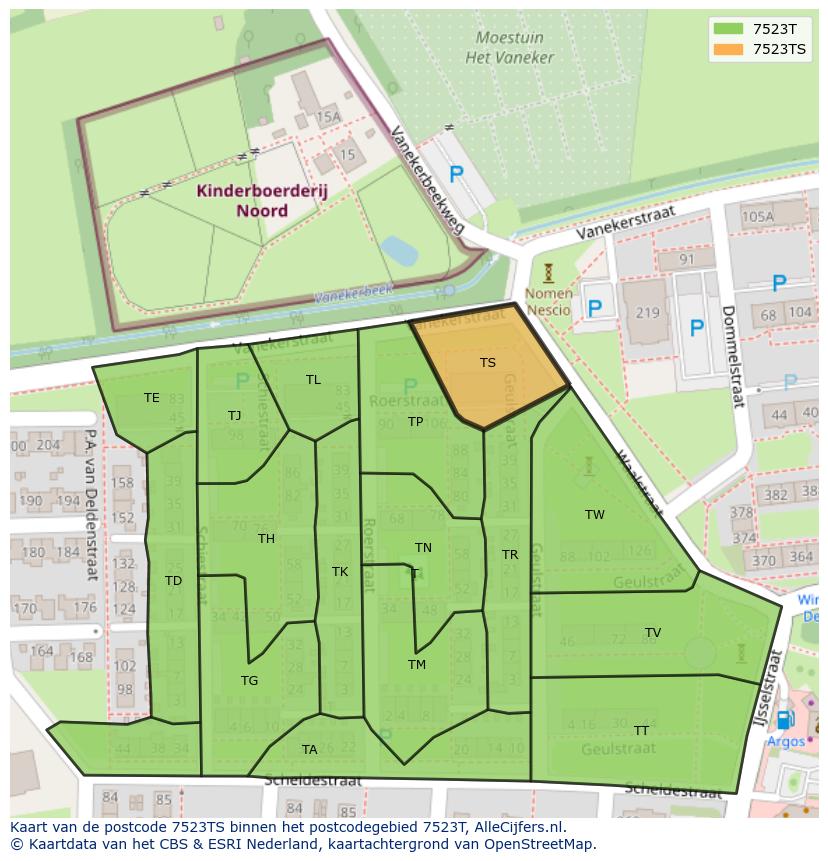 Afbeelding van het postcodegebied 7523 TS op de kaart.