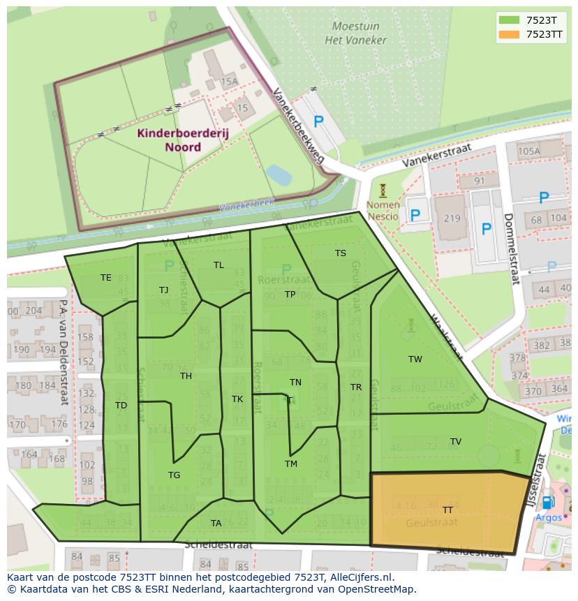 Afbeelding van het postcodegebied 7523 TT op de kaart.