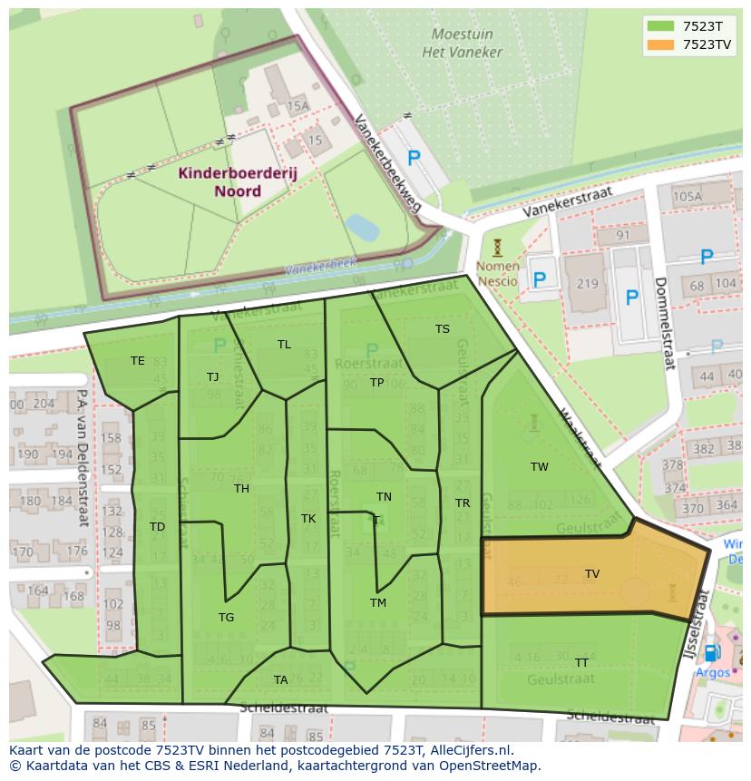 Afbeelding van het postcodegebied 7523 TV op de kaart.