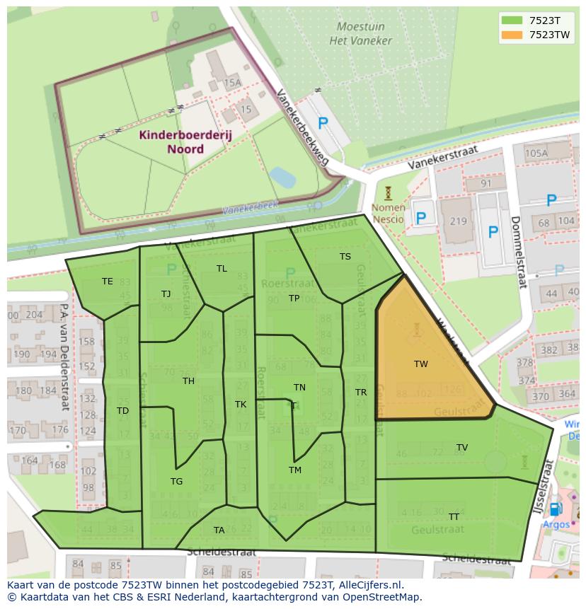 Afbeelding van het postcodegebied 7523 TW op de kaart.
