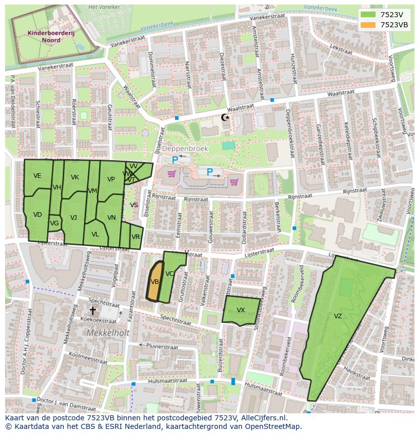 Afbeelding van het postcodegebied 7523 VB op de kaart.