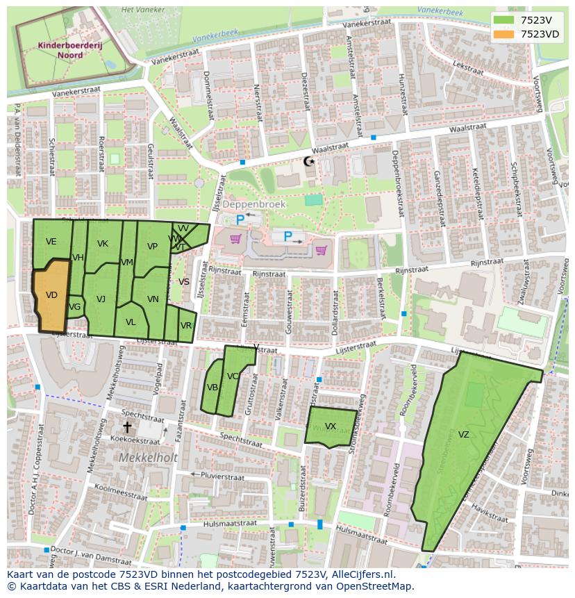 Afbeelding van het postcodegebied 7523 VD op de kaart.