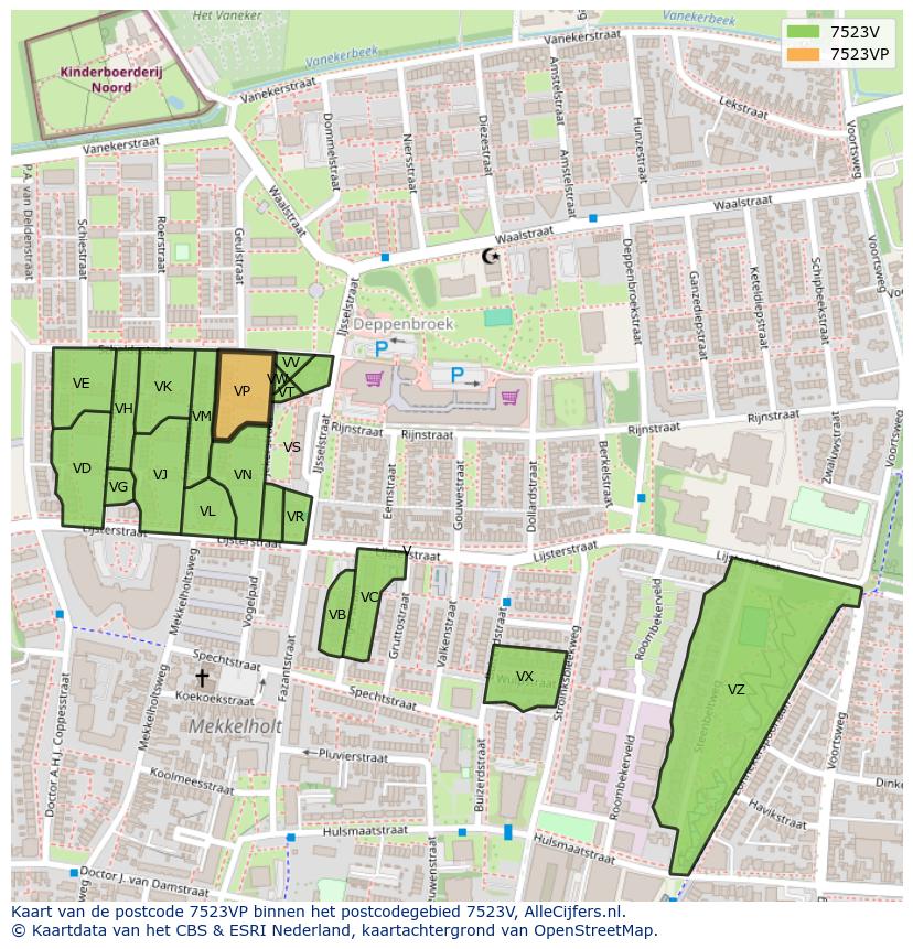 Afbeelding van het postcodegebied 7523 VP op de kaart.