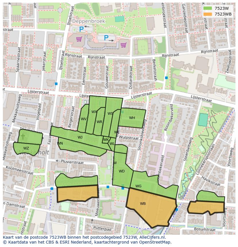 Afbeelding van het postcodegebied 7523 WB op de kaart.